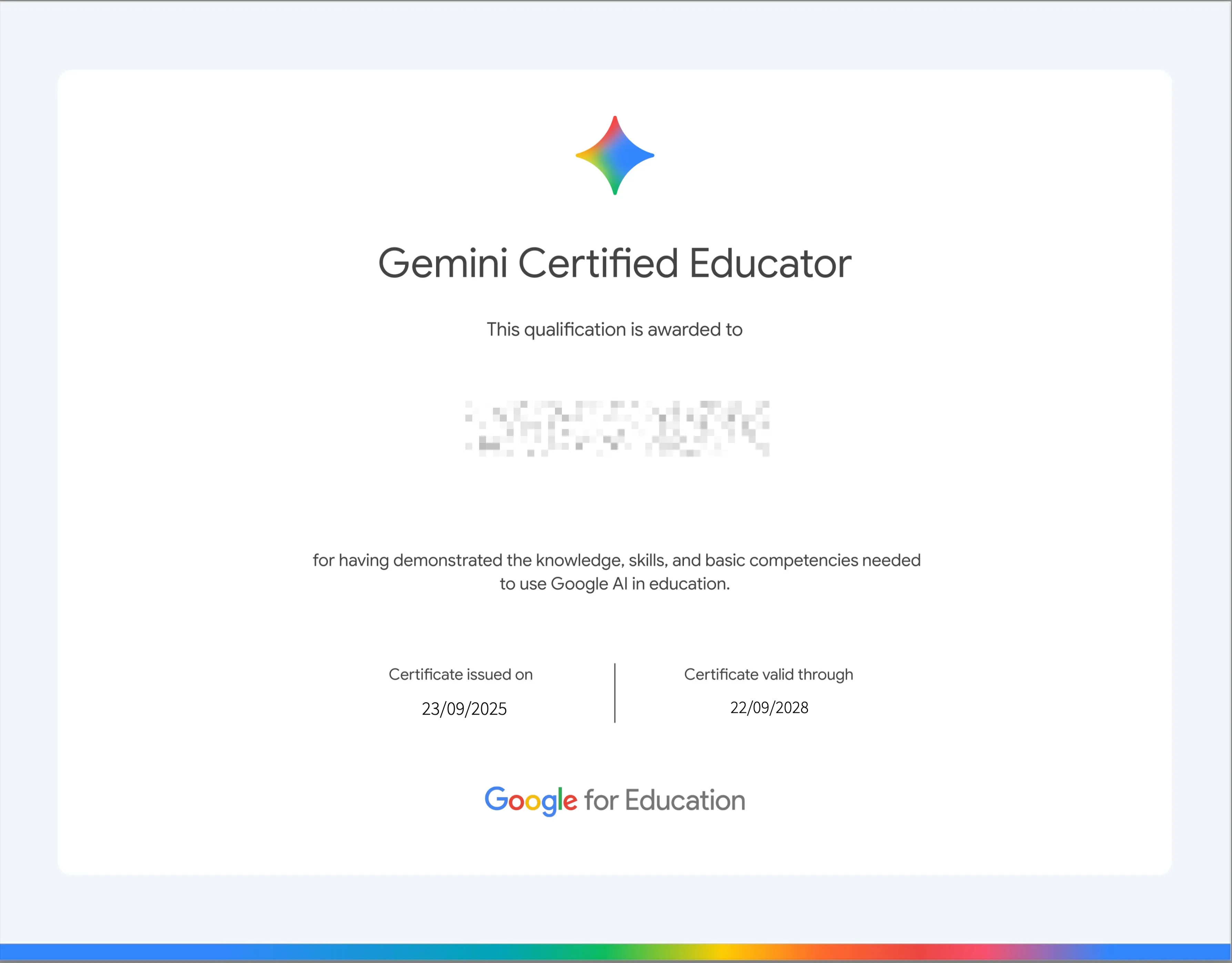 Google Gemini Certified Educator官方認證證書示例
