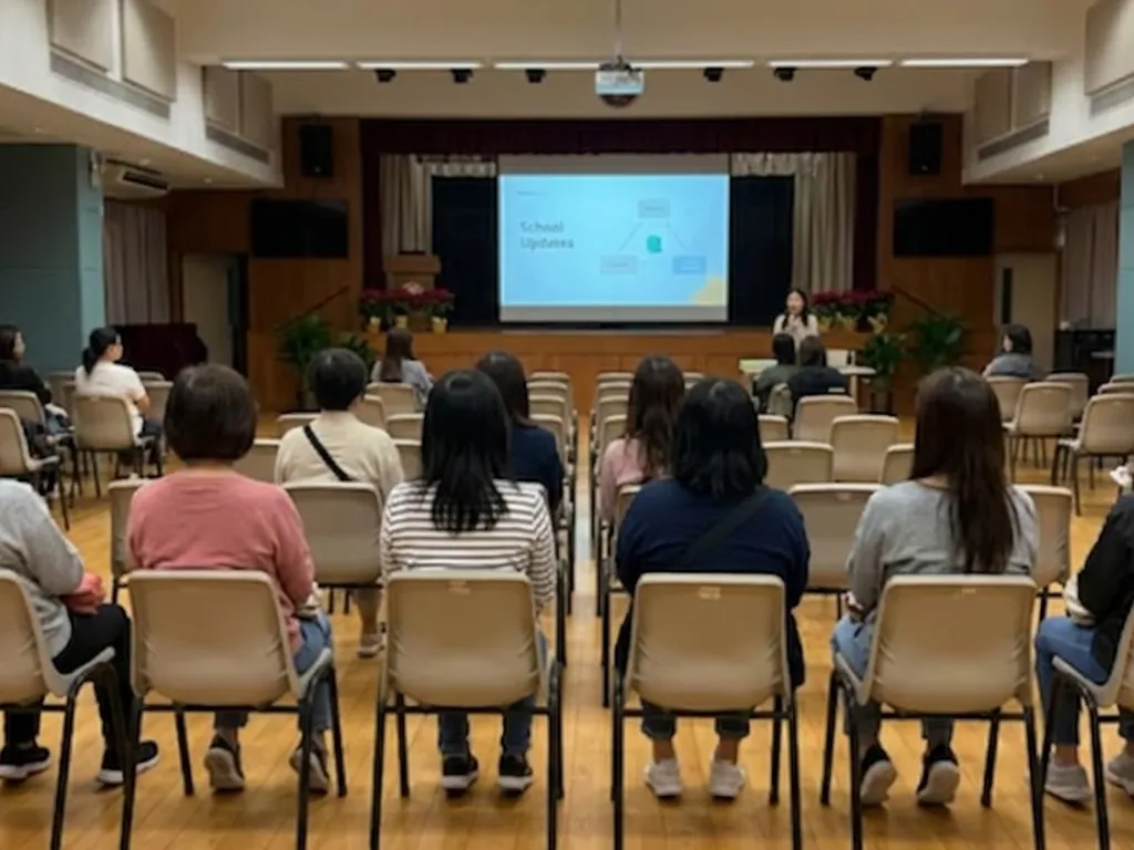 學校禮堂內舉行家長講座，講者於台前分享，大螢幕顯示「School Updates」主題簡報，家長於觀眾席面向舞台聆聽。